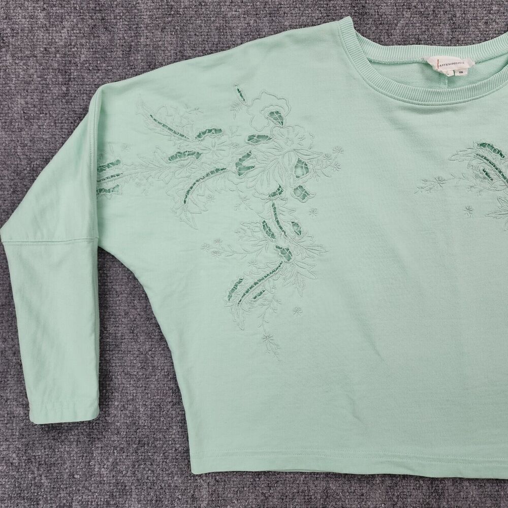 Anthropologie Sweatshirt Womens XS Green Floral Embroidered Lace Cropped Box Top - Picture 7 of 16